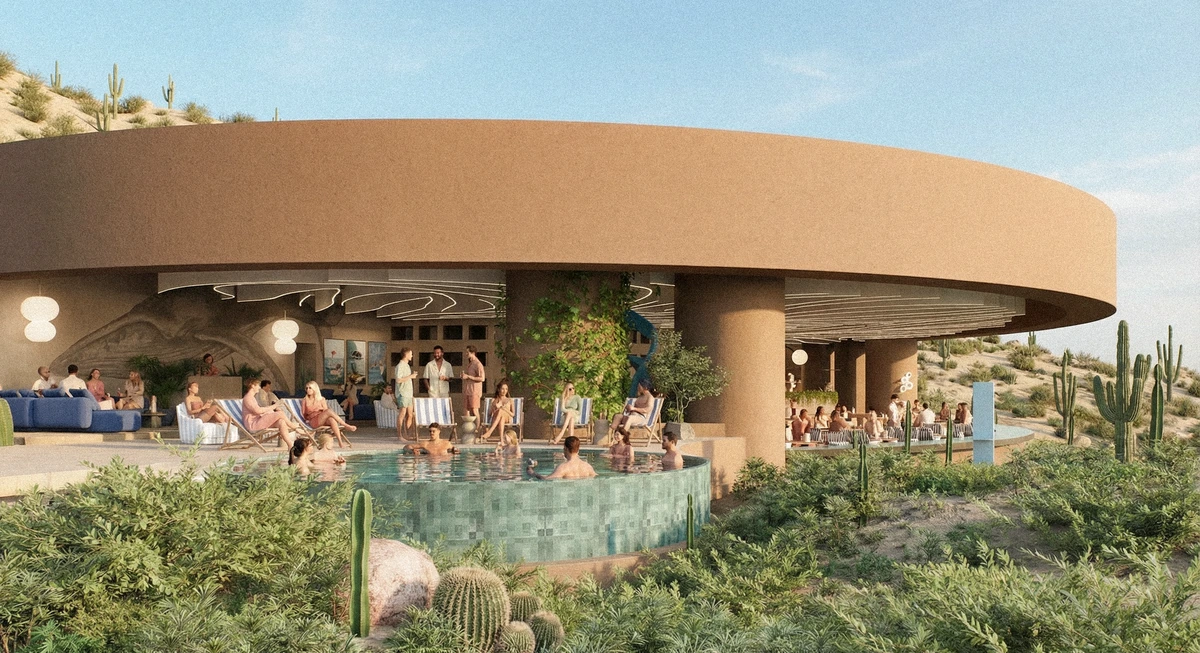 The Beach Club pavilion with guests by the pool