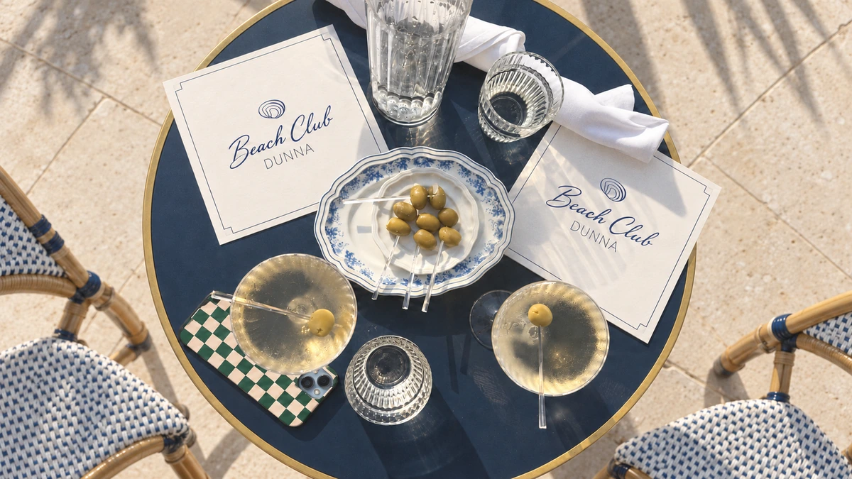 Martinis and DUNNA Beach Club menus on a navy table, seen from above