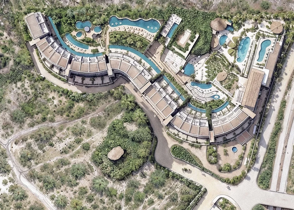 Illustrated DUNNA masterplan (brochure p.21): residences, the Live Aqua hotel, lagoons, pools and amenities