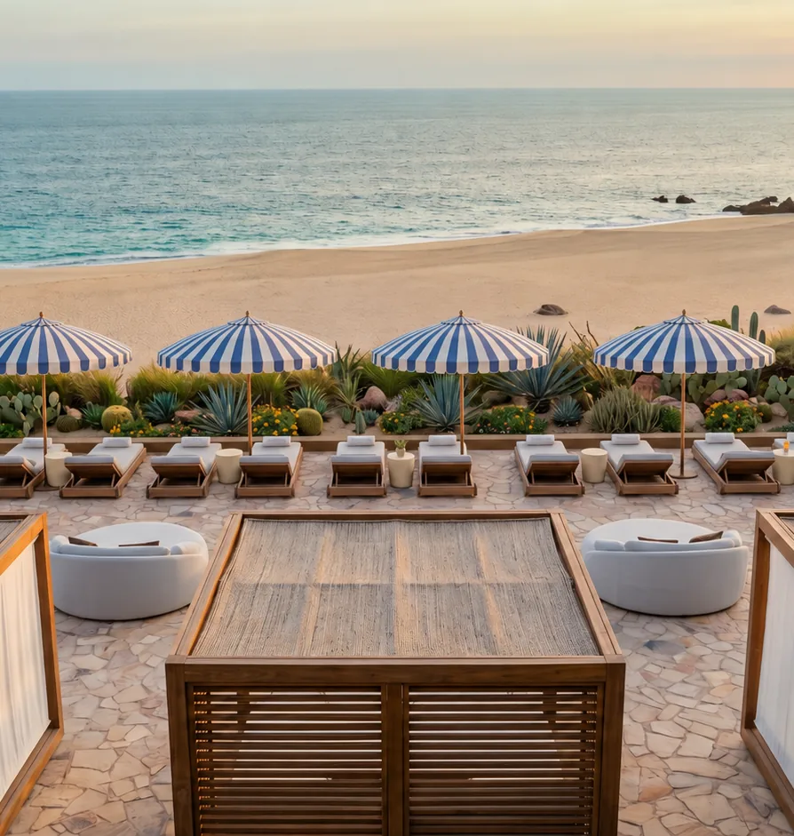 The DUNNA Beach Club on the Sea of Cortez at sunset